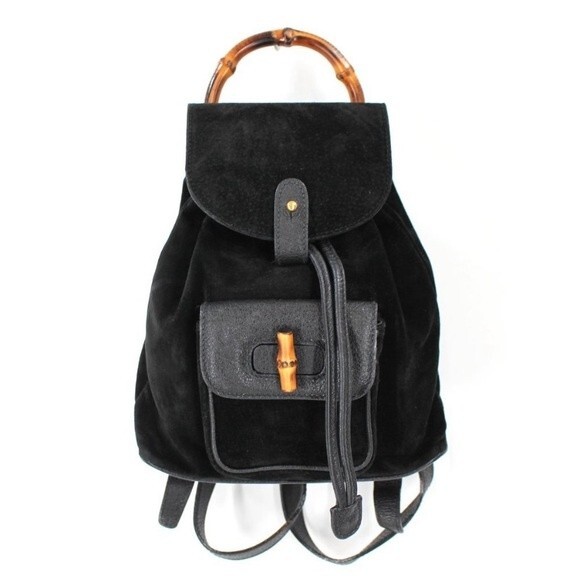 GUCCI Black Leather Suede Bamboo Mini Backpack Adjustable Strap Handbag‎ Purse